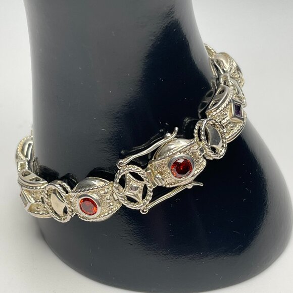 Vintage Sterling Silver Multi-Gemstone Link Bracelet - Preowned - Picture 3 of 10